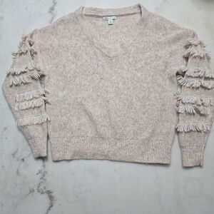 Cato V-Neck Sweater with Fringe Sleeves - Beige